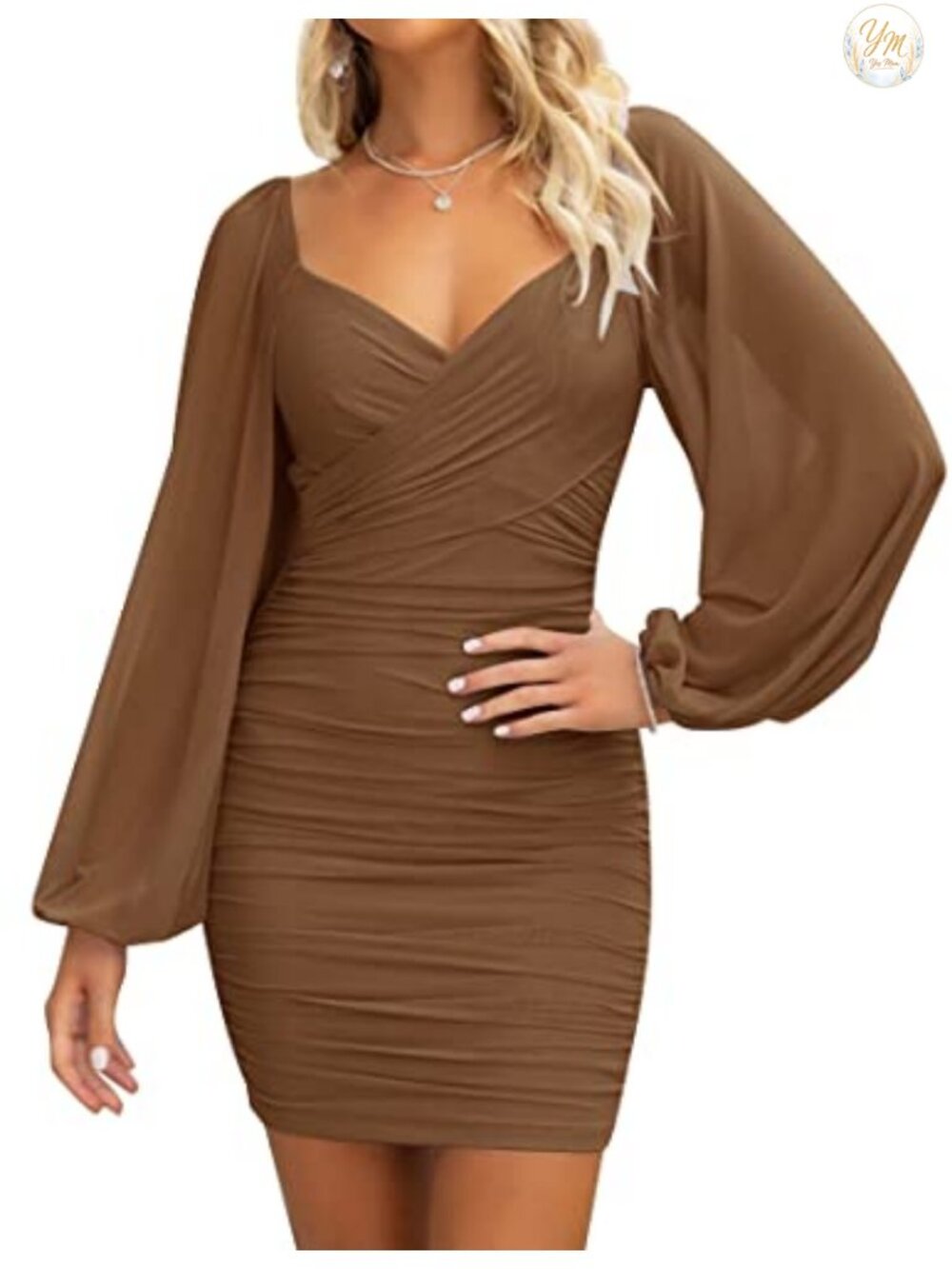 Women's Long Sleeve Puff Sleeve Bodycon Mini Dress for Cocktail Party,